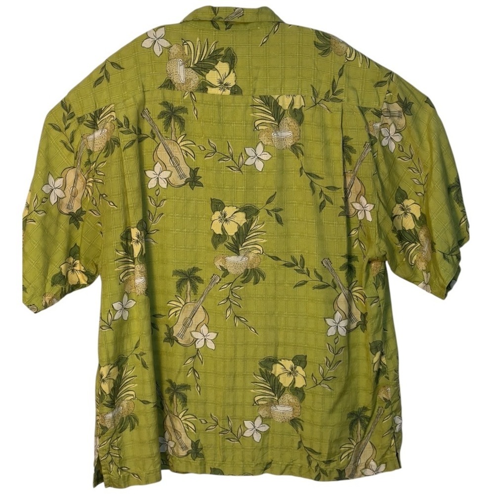 Tommy Bahama Silk Shirt Green Guitar Floral Hawaiian Short Sleeve‎ Button Up XL - Picture 2 of 5